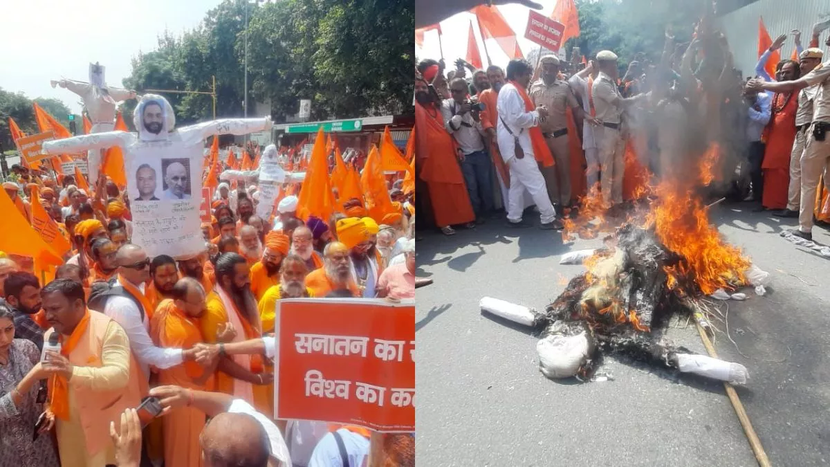 Delhi: सनातन विरोधी बयान देने वाले स्टालिन के खिलाफ संतों का प्रदर्शन शुरू, पुतला फूंककर जताया रोष